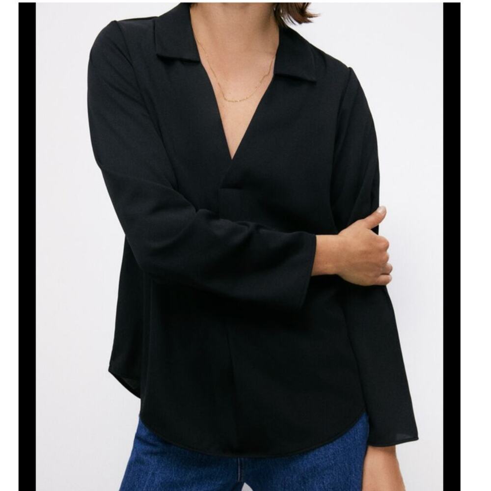 Zara Black V-Neck Collared Blouse Size XS Long Sleeves